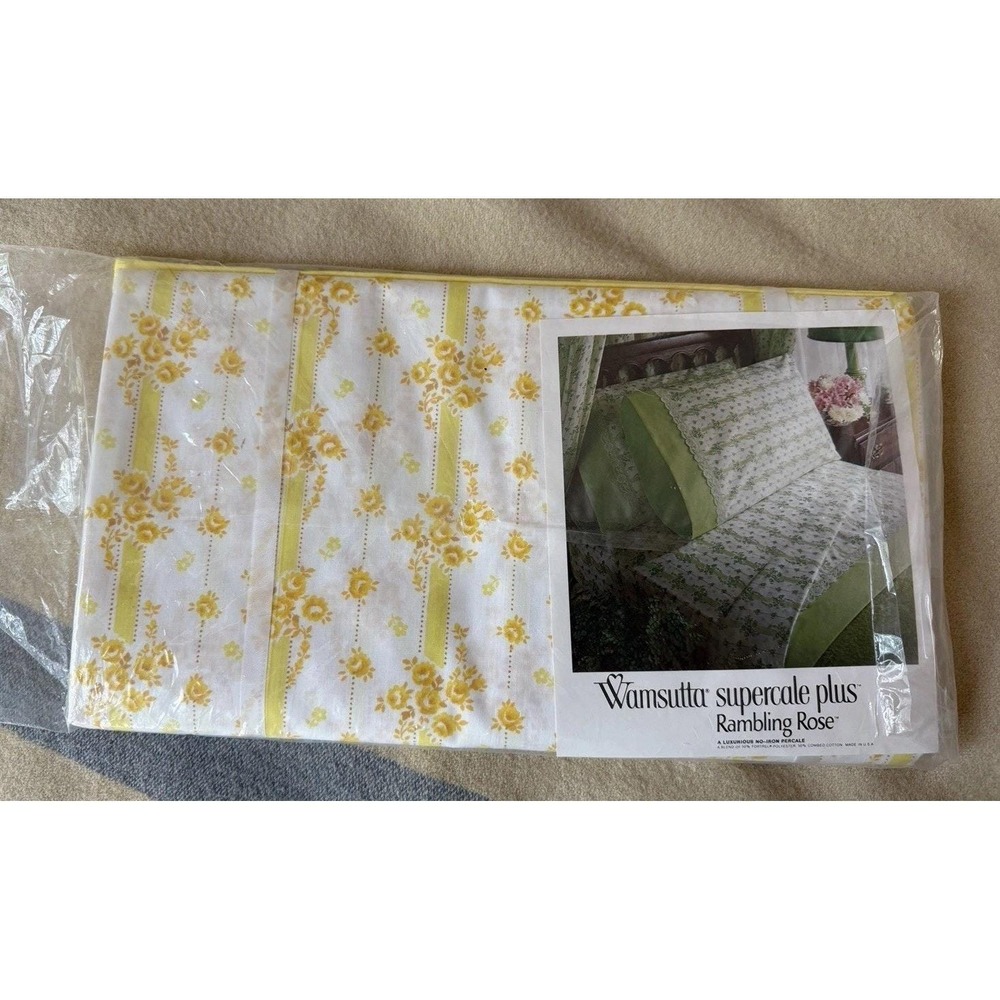 Wamsutta Rambling Rose Twin Flat Sheet Yellow Floral Lace Hem Deadstock NOS USA